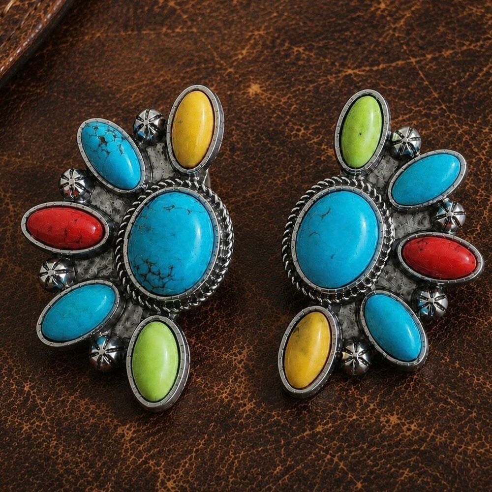 Men’s Desert Cluster Stud Earrings, Faux Turquoise Colorful Stones Silver Tone